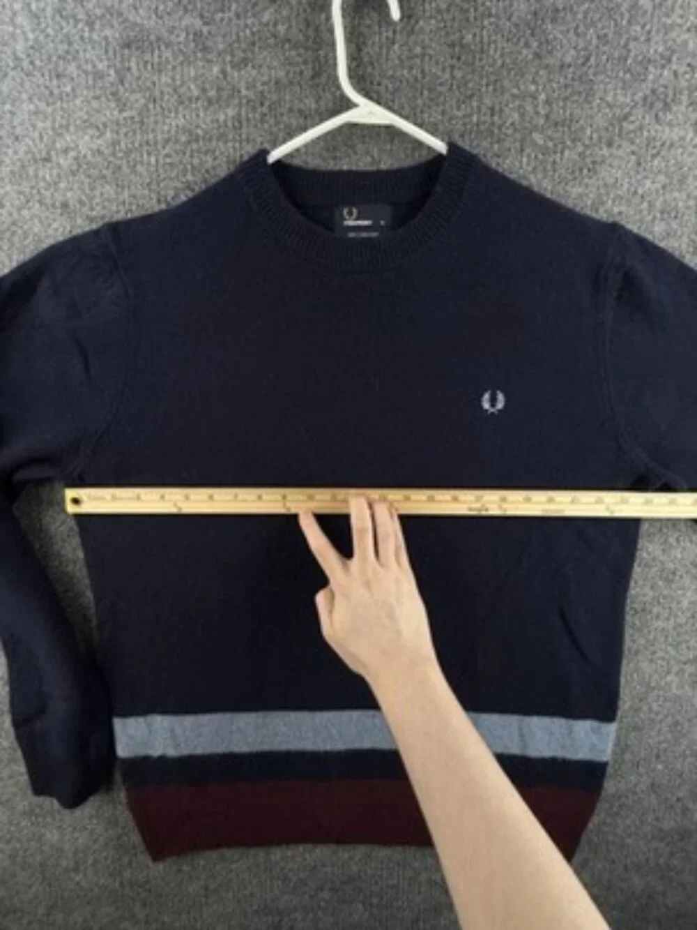 Fred Perry Pullover Logo XL Sweater Blue Red Crew Neck Wool Striped Designer